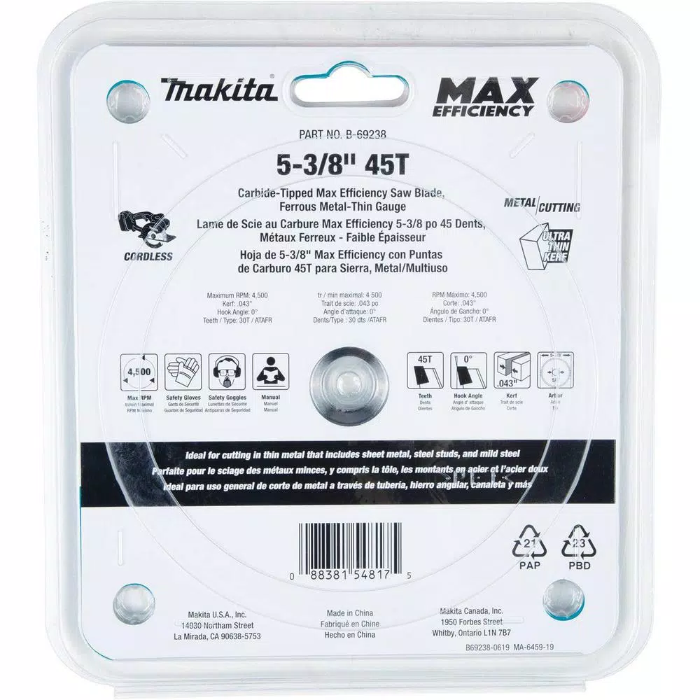 Saw Blades Makita 5-3/8 In. 45T Carbide-Tipped Max Efficiency Saw Blade, Ferrous Metal-Thin Gauge - Image 4