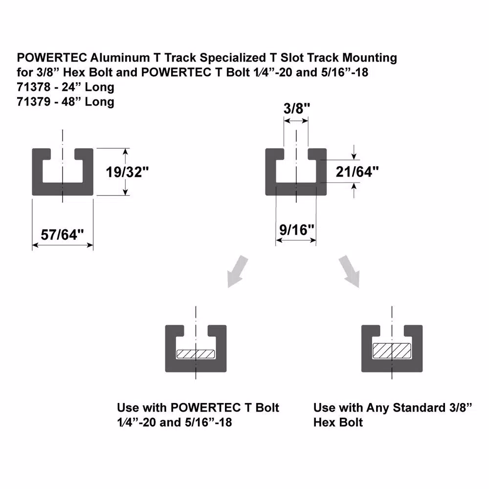 Saw Tracks POWERTEC 24 In. Heavy-Duty Aluminum T-Track Specialized T Slot Track For 3/8 In. Hex Bolt And T Bolts 1/4 In.-20 And 5/16 In.-18 - Image 2