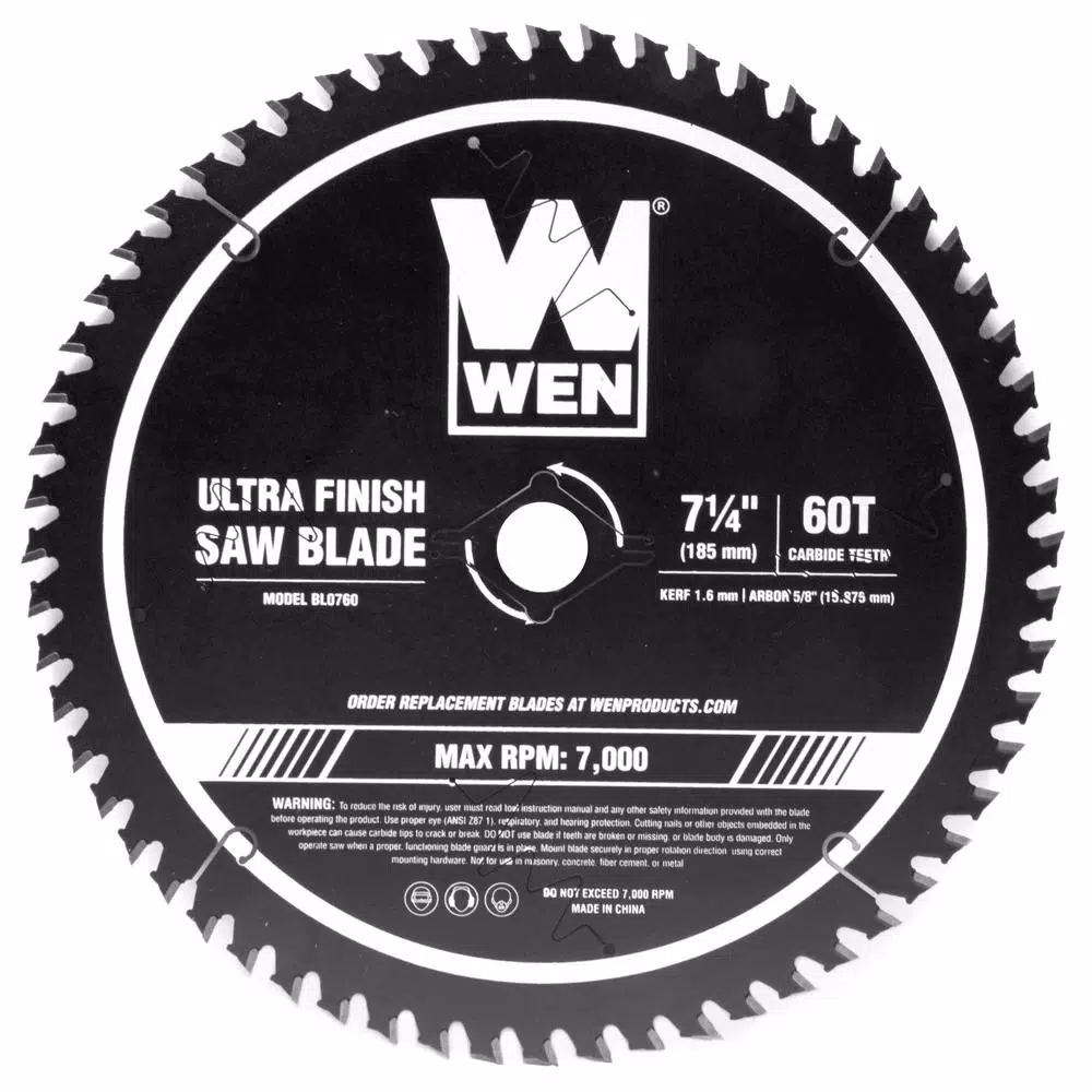 Saw Blades WEN 7.25 In. 60-Tooth Carbide-Tipped Professional Ultra Fine-Finish Circular Saw Blade With Cool-Cut Coating